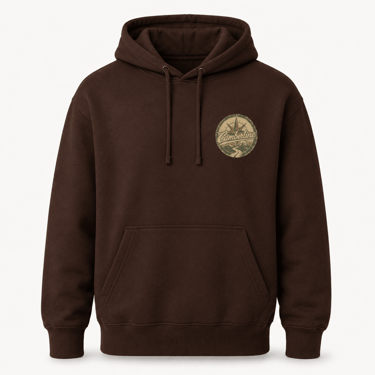 A dark brown pullover hoodie with a drawstring hood, kangaroo pocket, and a circular vintage-style 'CamperStar' logo printed on the left chest, shown against a plain white background.