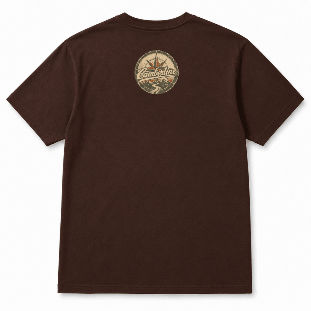 A dark brown short-sleeve t-shirt shown from the back, featuring a circular vintage-style 'Camberline' logo printed in the center of the upper back.