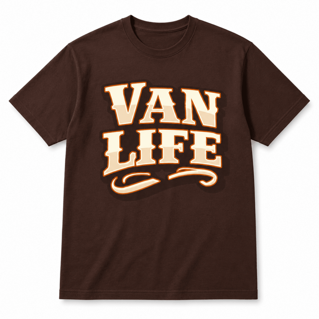 A dark brown short-sleeve t-shirt with a large graphic on the chest reading 'VAN LIFE' in cream-colored letters with a warm orange-brown outline and shadow.