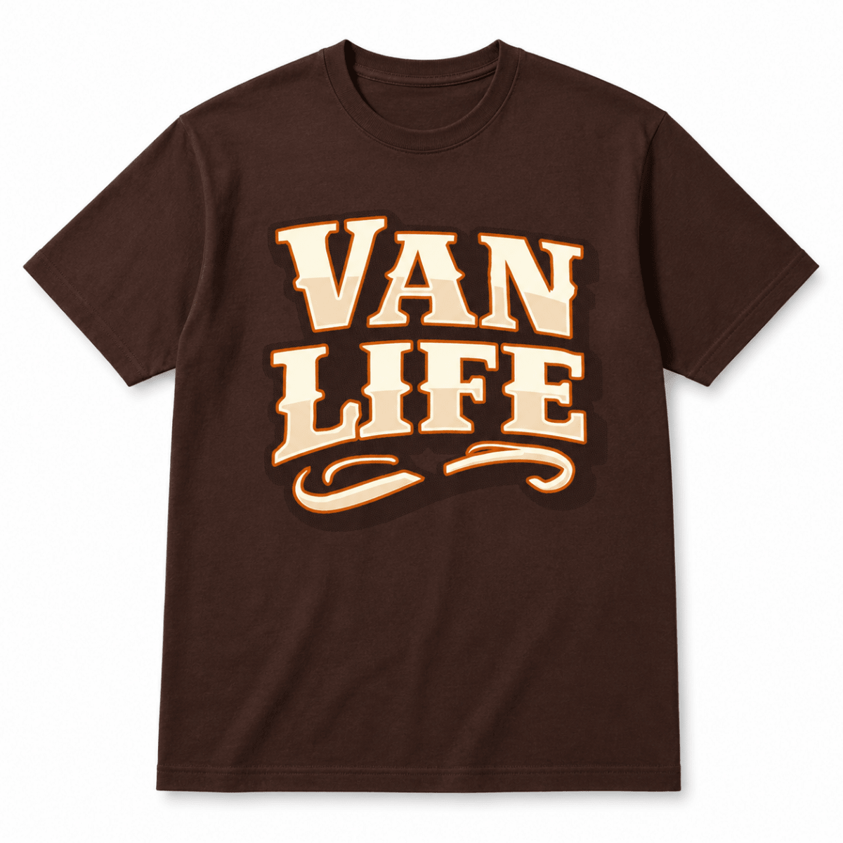 A dark brown short-sleeve t-shirt with a large graphic on the chest reading 'VAN LIFE' in cream-colored letters with a warm orange-brown outline and shadow.