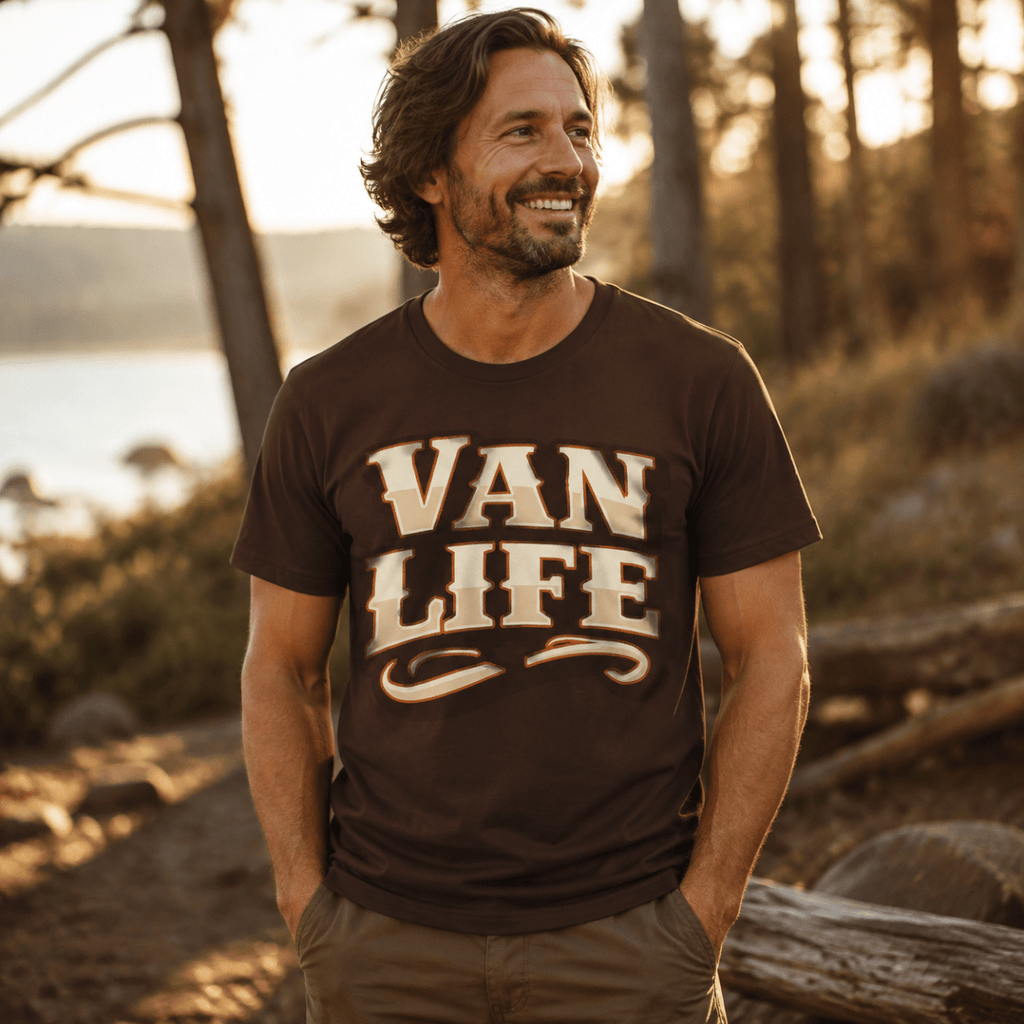 A man wearing a dark brown t-shirt with 'VAN LIFE' printed in a cream-colored retro font, standing outdoors in a wooded setting during golden hour.