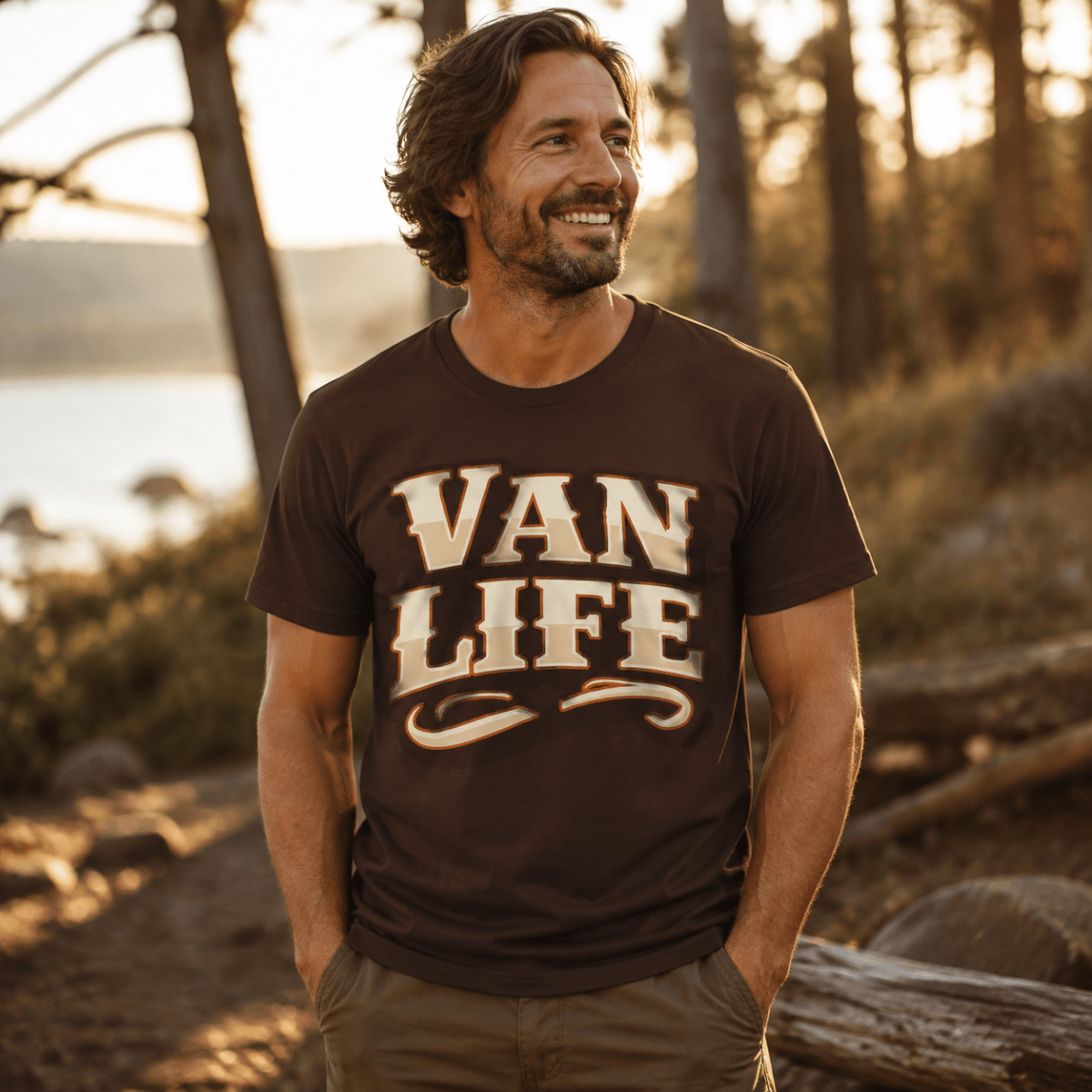 A man wearing a dark brown t-shirt with 'VAN LIFE' printed in a cream-colored retro font, standing outdoors in a wooded setting during golden hour.