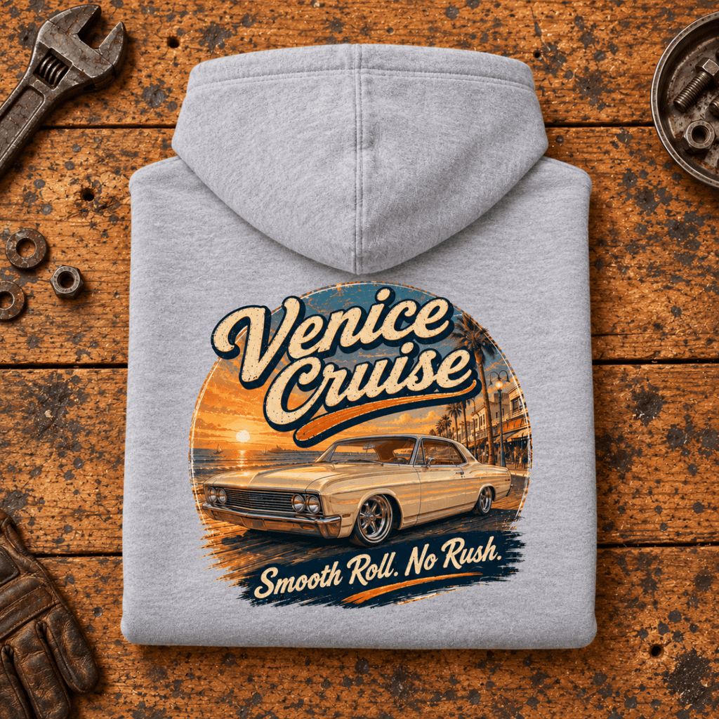 Muscle Car Graphic Hoodie – Venice Cruise West Coast Boulevard, folded back main hero on a worn automotive workbench – car-hd-0067