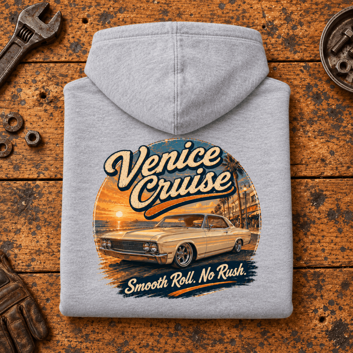 Muscle Car Graphic Hoodie – Venice Cruise West Coast Boulevard, folded back main hero on a worn automotive workbench – car-hd-0067