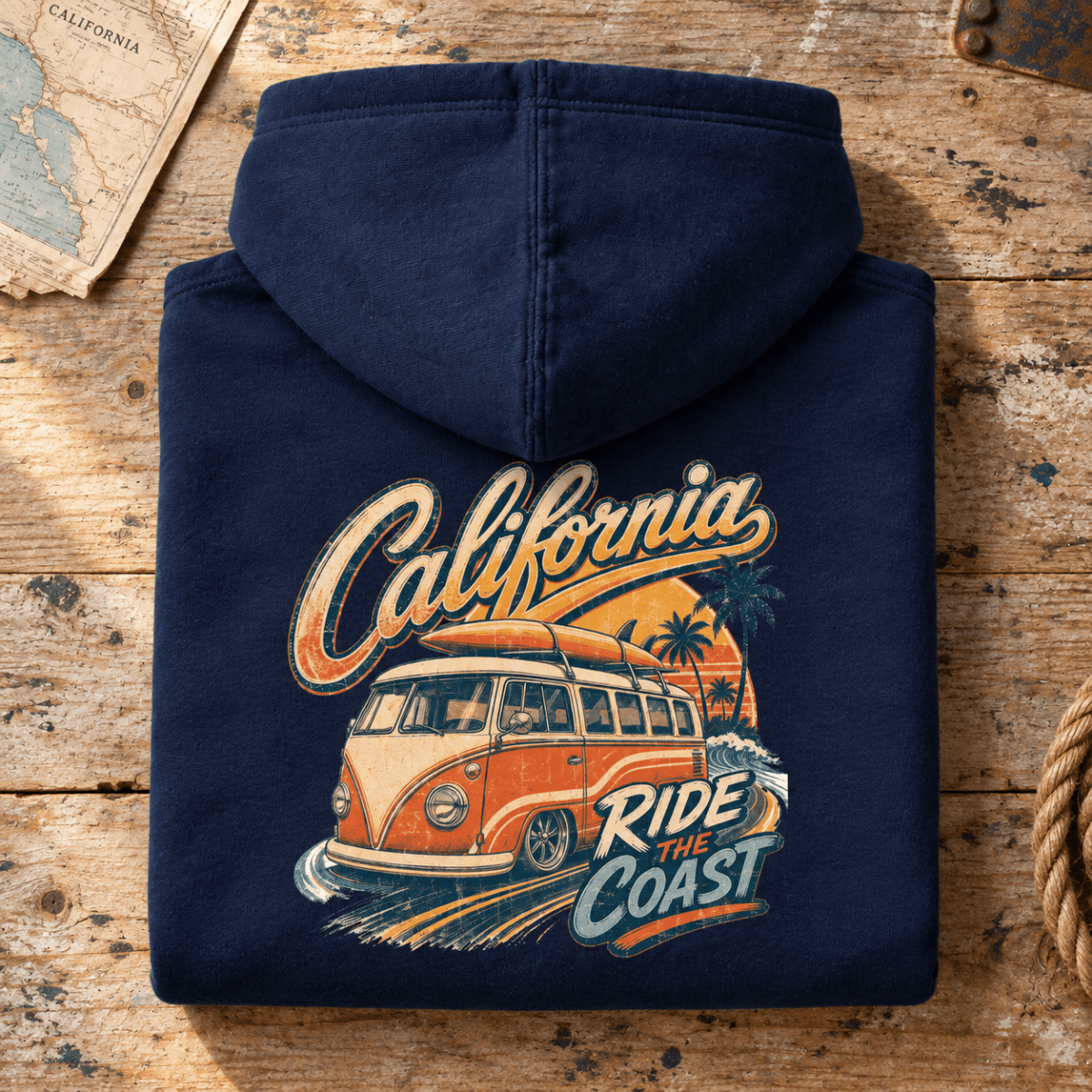 Folded navy Washed California Ride the Coast camper van hoodie, rear graphic product hero