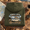 Weekend Wanderer Lakeside Escape olive Van Life hoodie folded back hero