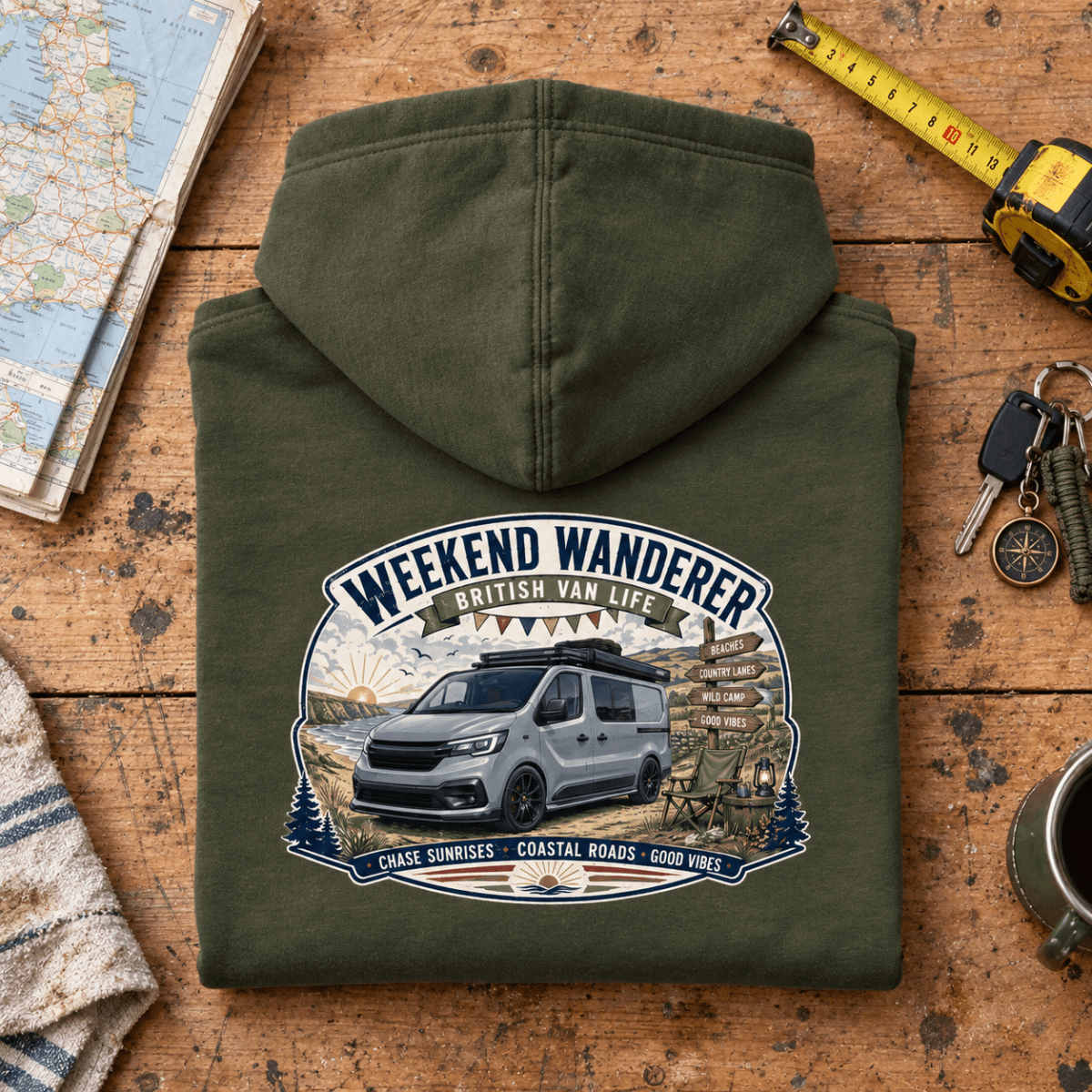 Weekend Wanderer olive Van Life hoodie folded back hero