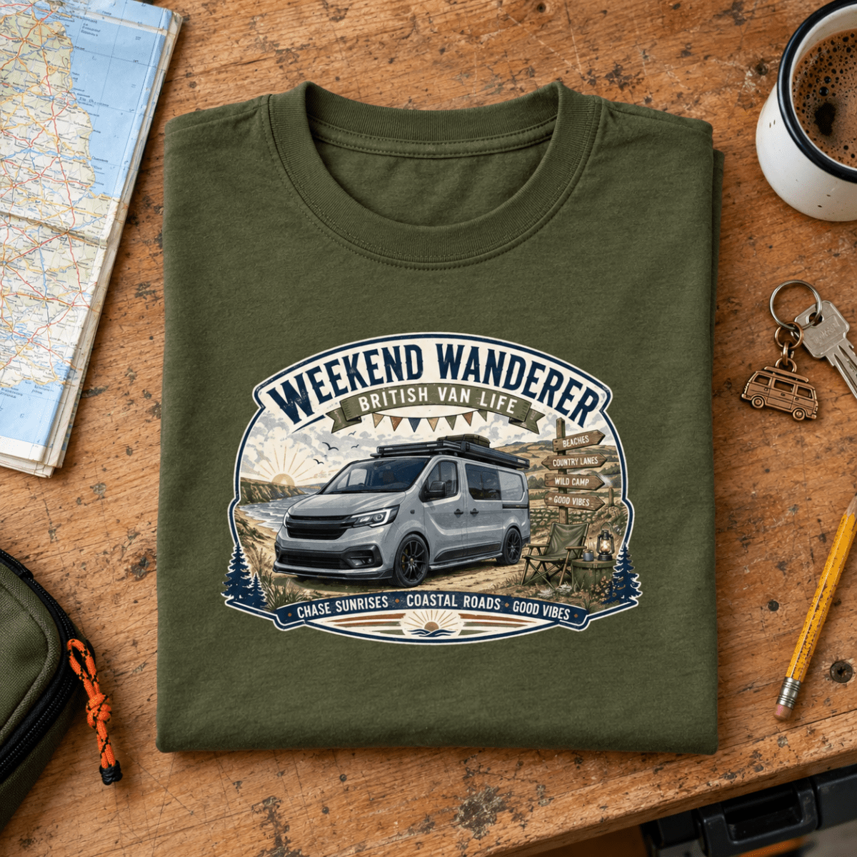 Weekend Wanderer olive Van Life T-shirt folded front hero