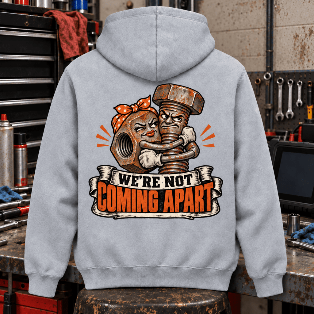 We’re Not Coming Apart nut and bolt mechanic hoodie in sport grey (heather grey), back workshop garment view – car-hd-0807
