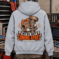 We’re Not Coming Apart nut and bolt mechanic hoodie in sport grey (heather grey), back workshop garment view – car-hd-0807