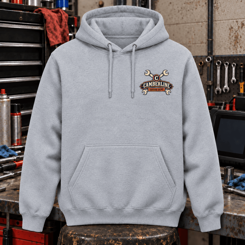 We’re Not Coming Apart nut and bolt mechanic hoodie in sport grey (heather grey), front workshop garment view – car-hd-0807