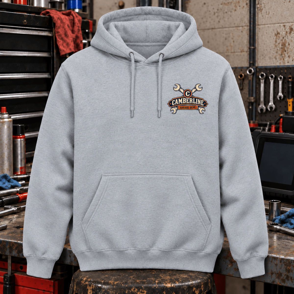 We’re Not Coming Apart nut and bolt mechanic hoodie in sport grey (heather grey), front workshop garment view – car-hd-0807
