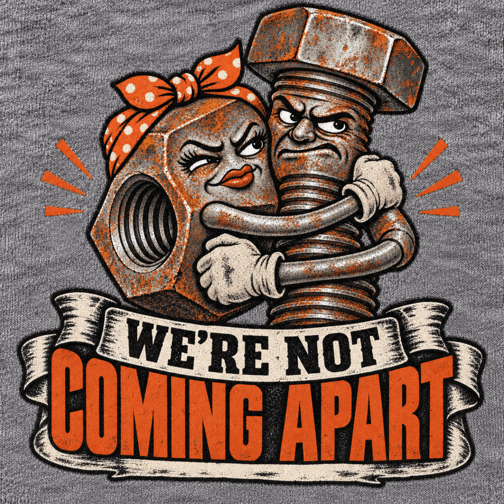 We’re Not Coming Apart nut and bolt mechanic hoodie in sport grey (heather grey), print close-up – car-hd-0807
