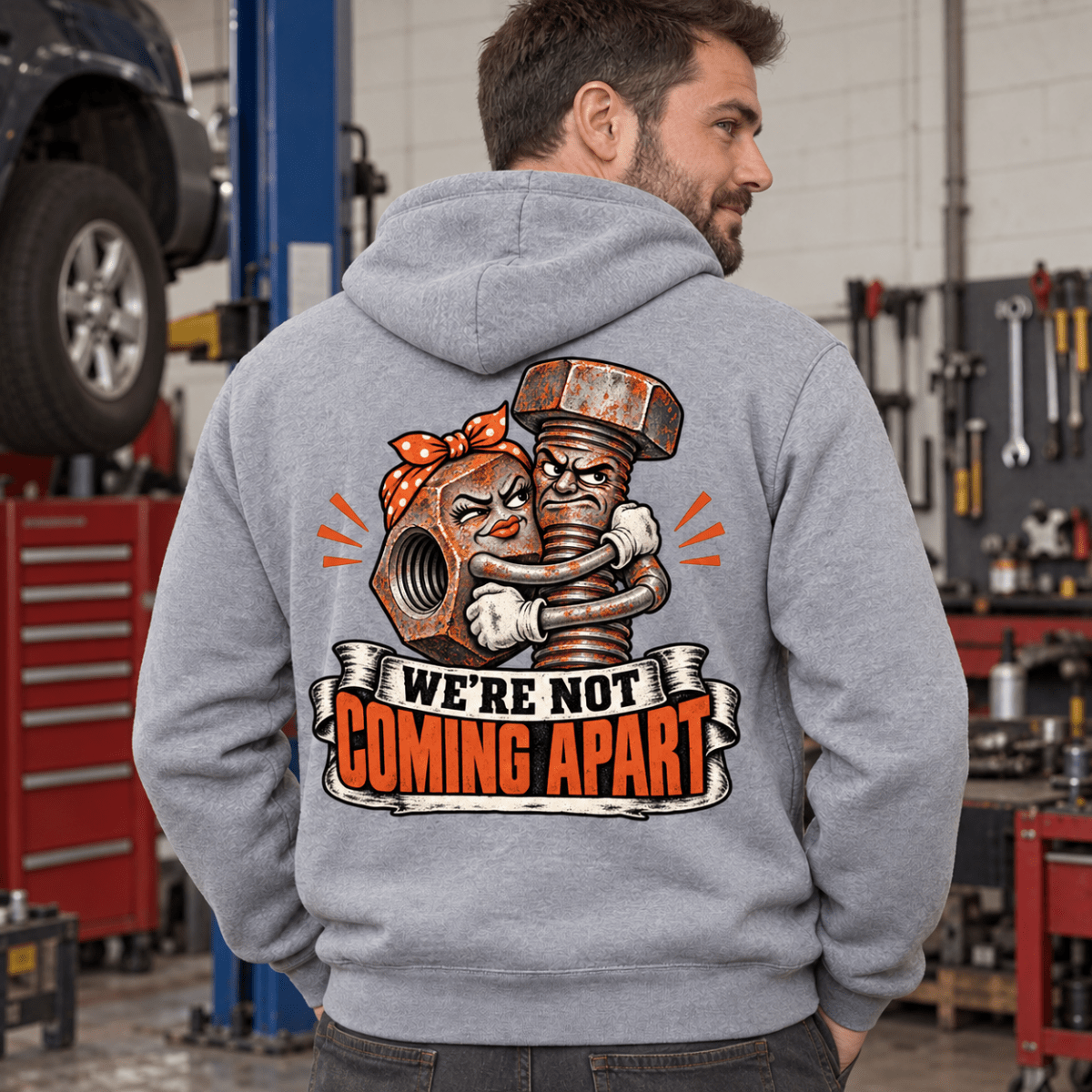 We’re Not Coming Apart nut and bolt mechanic hoodie in sport grey (heather grey), model back – car-hd-0807