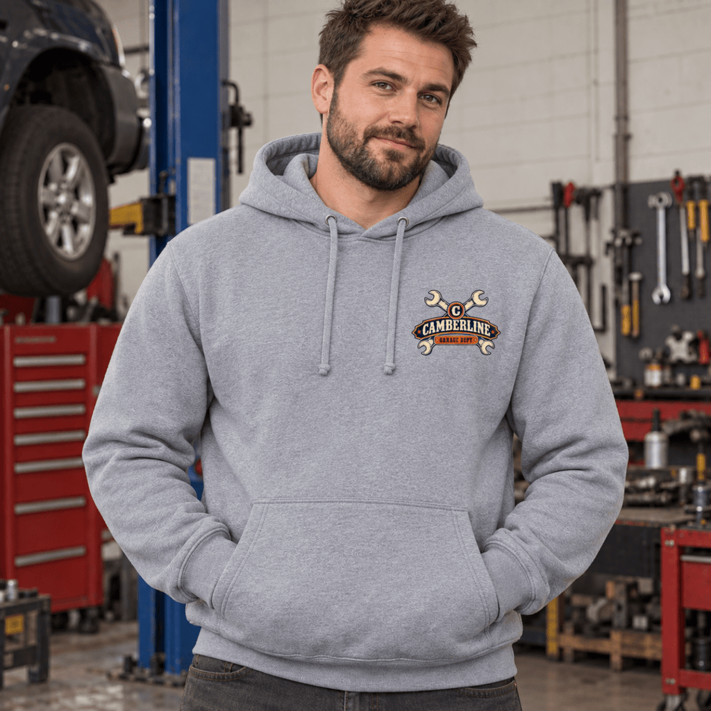 We’re Not Coming Apart nut and bolt mechanic hoodie in sport grey (heather grey), model front – car-hd-0807