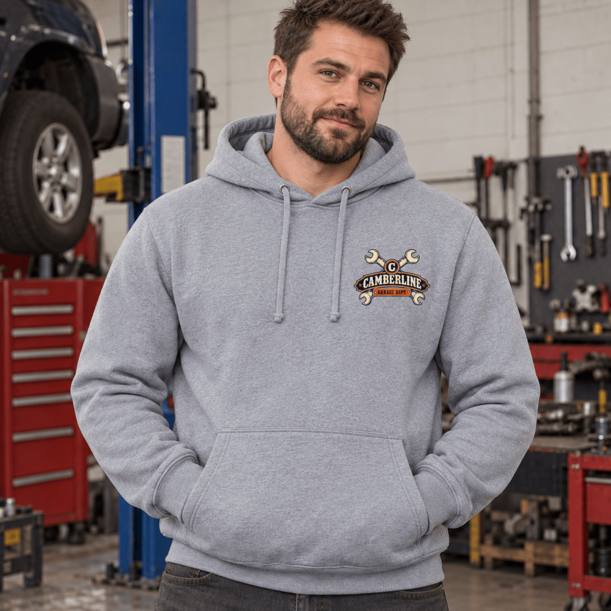 We’re Not Coming Apart nut and bolt mechanic hoodie in sport grey (heather grey), model front – car-hd-0807