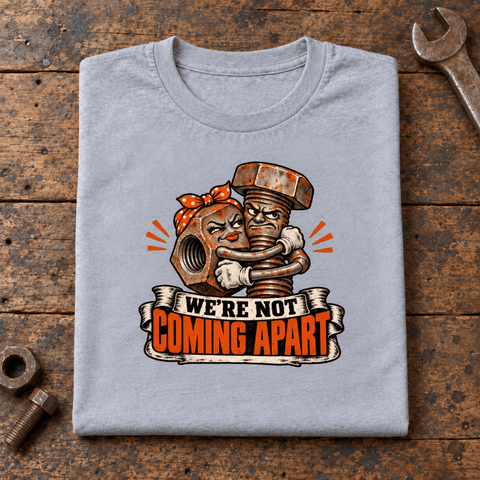 Camberline Nut and Bolt Mechanic T-Shirt in heather grey, folded front view on a workshop bench with full graphic visible