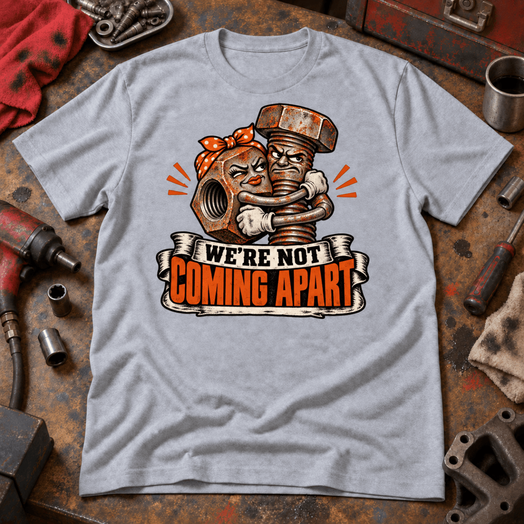 We’re Not Coming Apart nut and bolt mechanic t-shirt in sport grey (heather grey), front workshop garment view – car-ts-0807