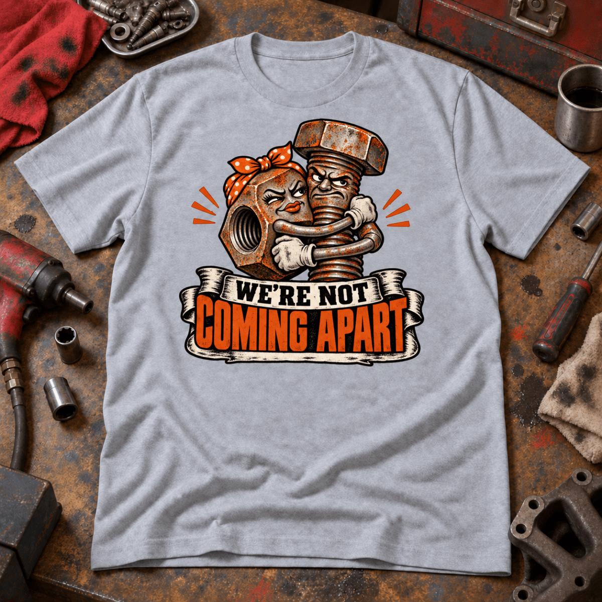 We’re Not Coming Apart nut and bolt mechanic t-shirt in sport grey (heather grey), front workshop garment view – car-ts-0807