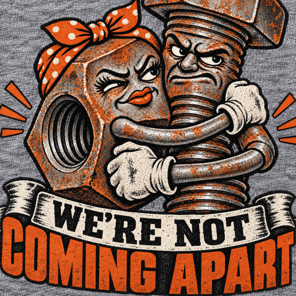 We’re Not Coming Apart nut and bolt mechanic t-shirt in sport grey (heather grey), print close-up – car-ts-0807