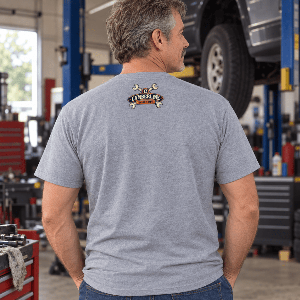 We’re Not Coming Apart nut and bolt mechanic t-shirt in sport grey (heather grey), model back – car-ts-0807