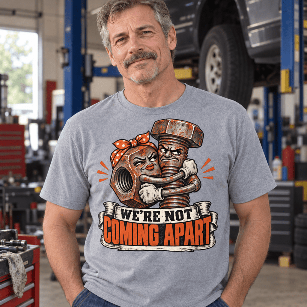 We’re Not Coming Apart nut and bolt mechanic t-shirt in sport grey (heather grey), model front – car-ts-0807