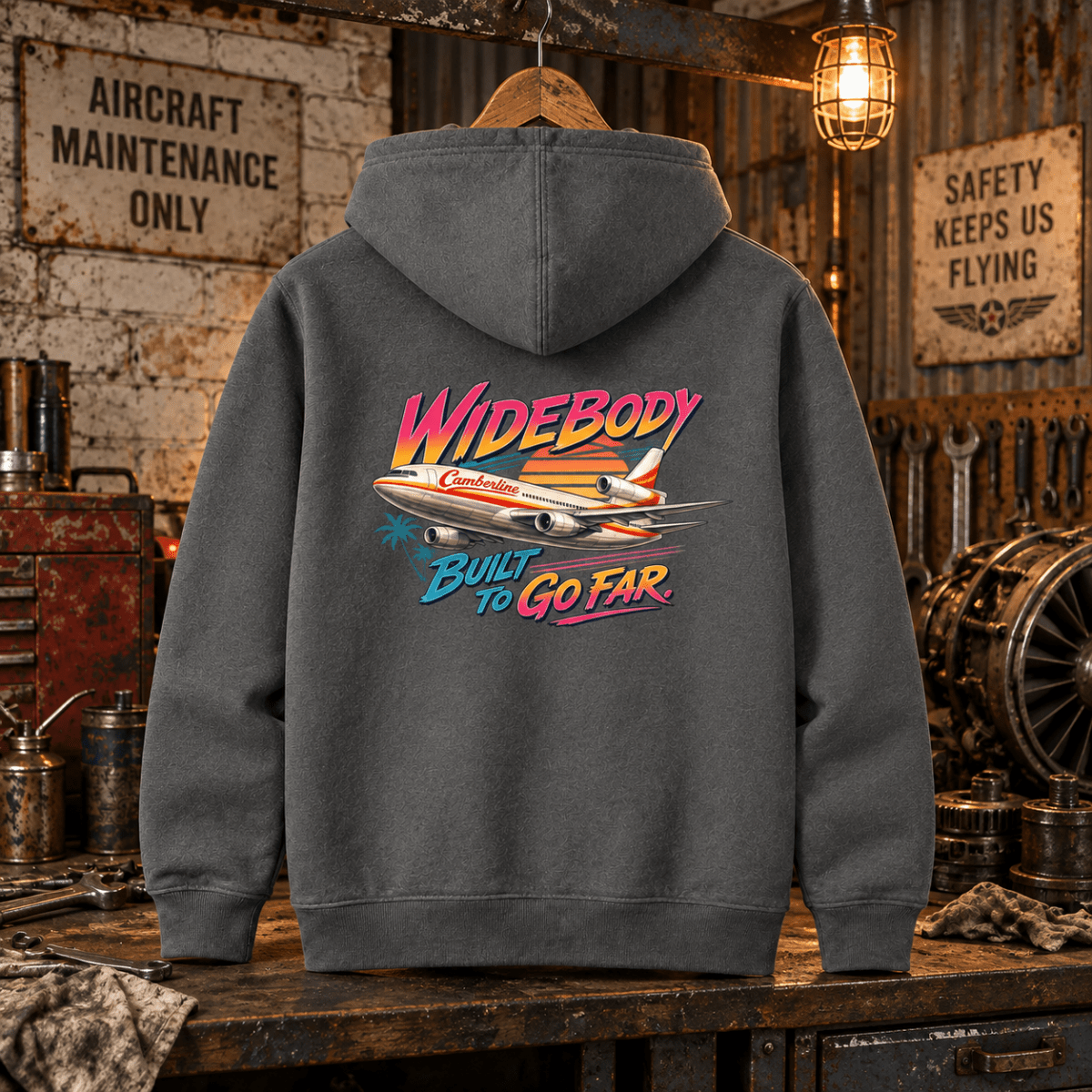 Charcoal Wide Body Built To Go Far trijet graphic hoodie in a gritty aviation workshop