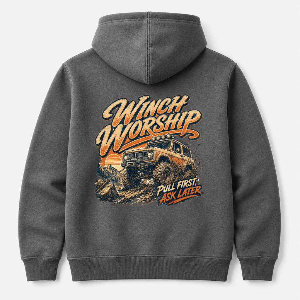 Camberline Cars Winch Worship Off Road 4x4 Hoodie in Charcoal showing back graphic