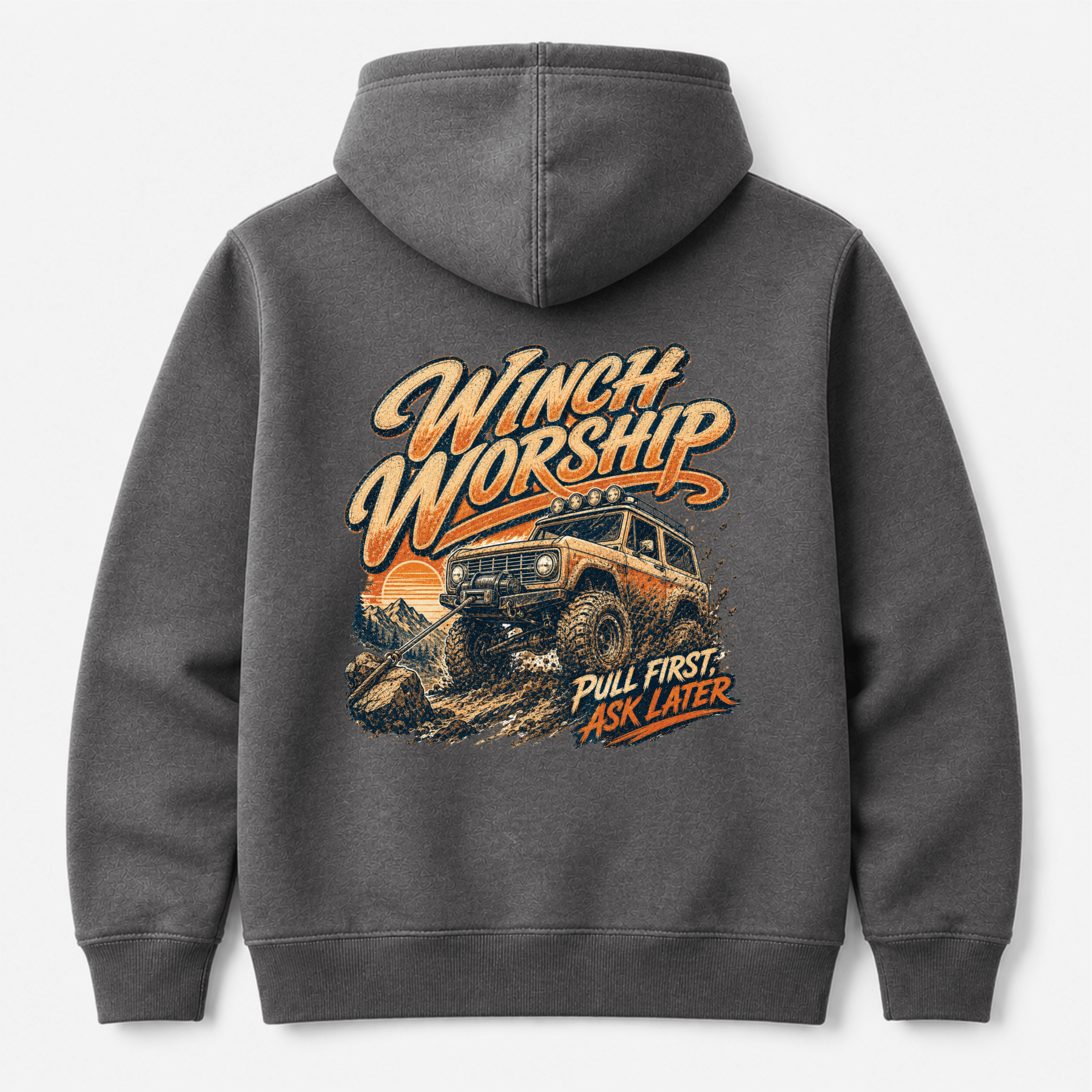 Camberline Cars Winch Worship Off Road 4x4 Hoodie in Charcoal showing back graphic