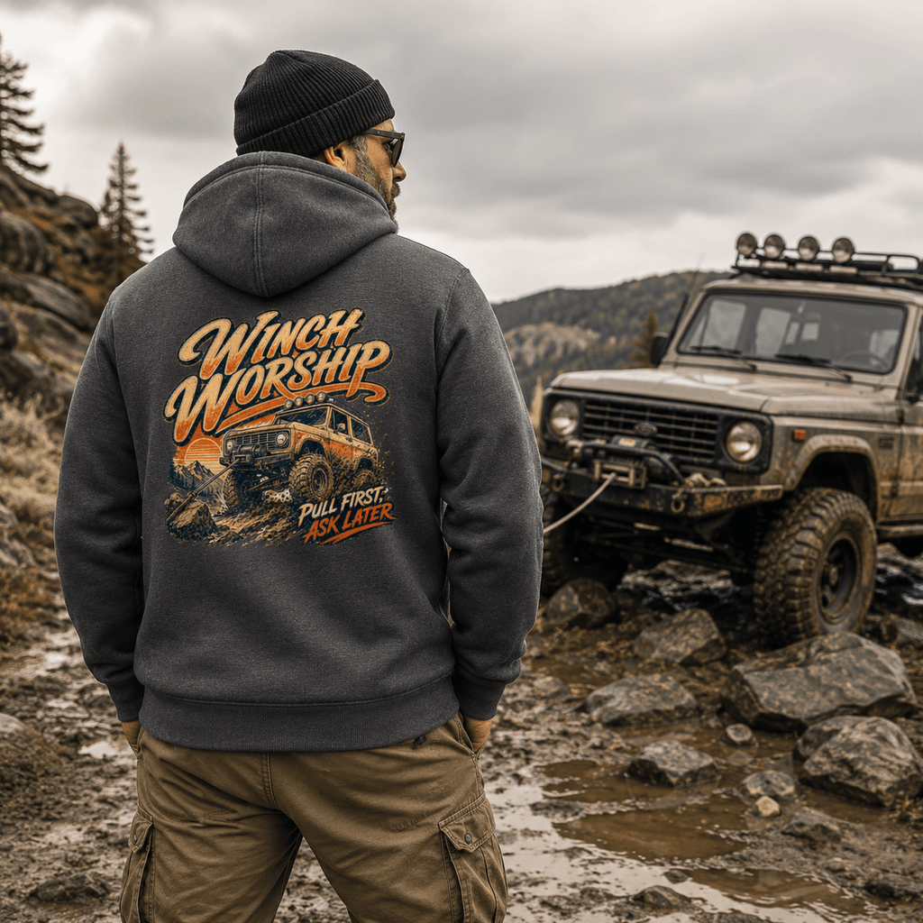 Model wearing Camberline Cars Winch Worship Off Road 4x4 Hoodie in Charcoal, styled for car and 4x4 culture