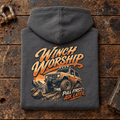 4x4 Off Road Graphic Hoodie – Winch Worship Charcoal, folded back main hero on a worn automotive workbench – car-hd-0085