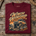 4x4 Off Road Graphic T-Shirt – Winch Worship, folded front main hero on a worn automotive workbench – car-ts-0085