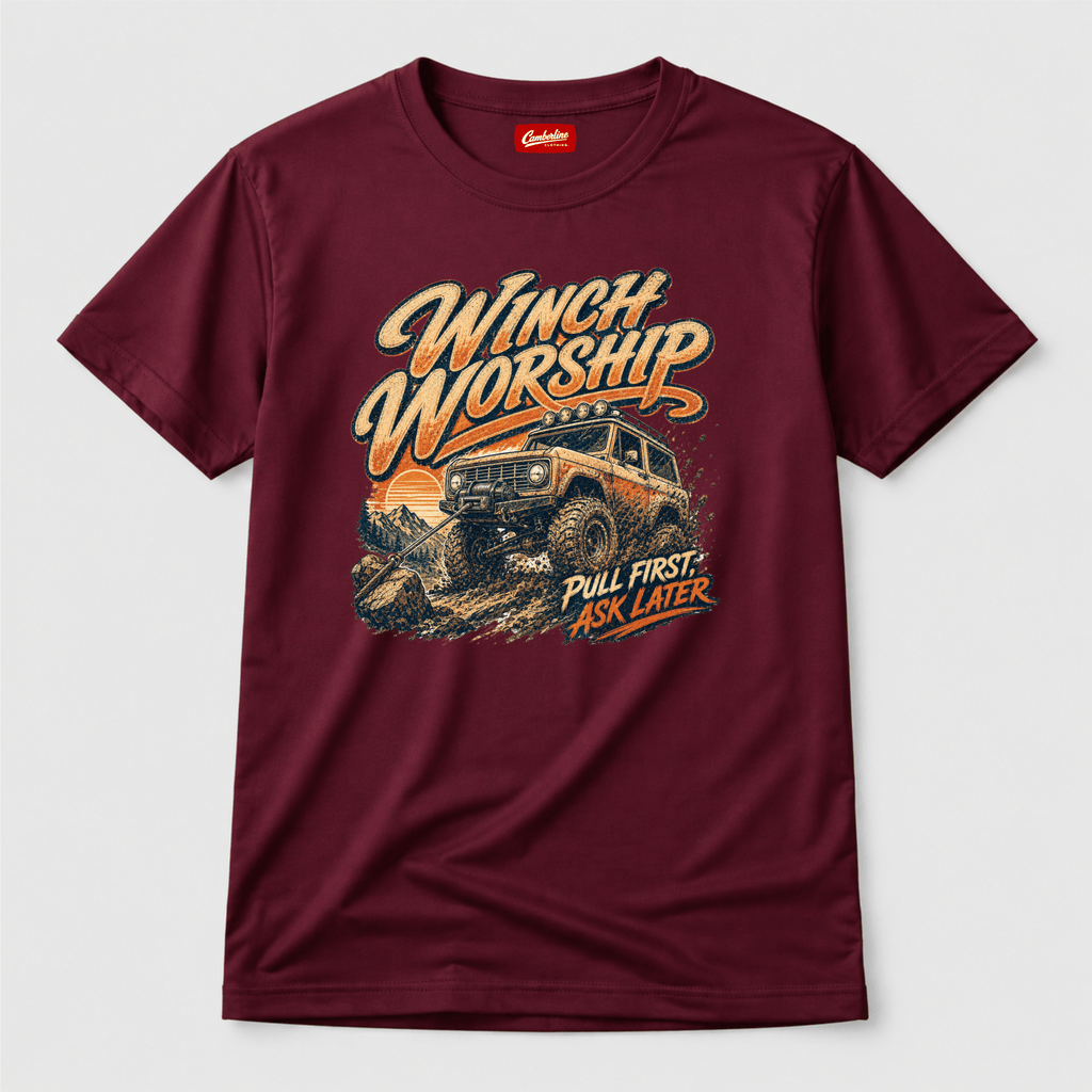 Camberline Cars Winch Worship Off Road 4x4 T-Shirt in Maroon showing front graphic
