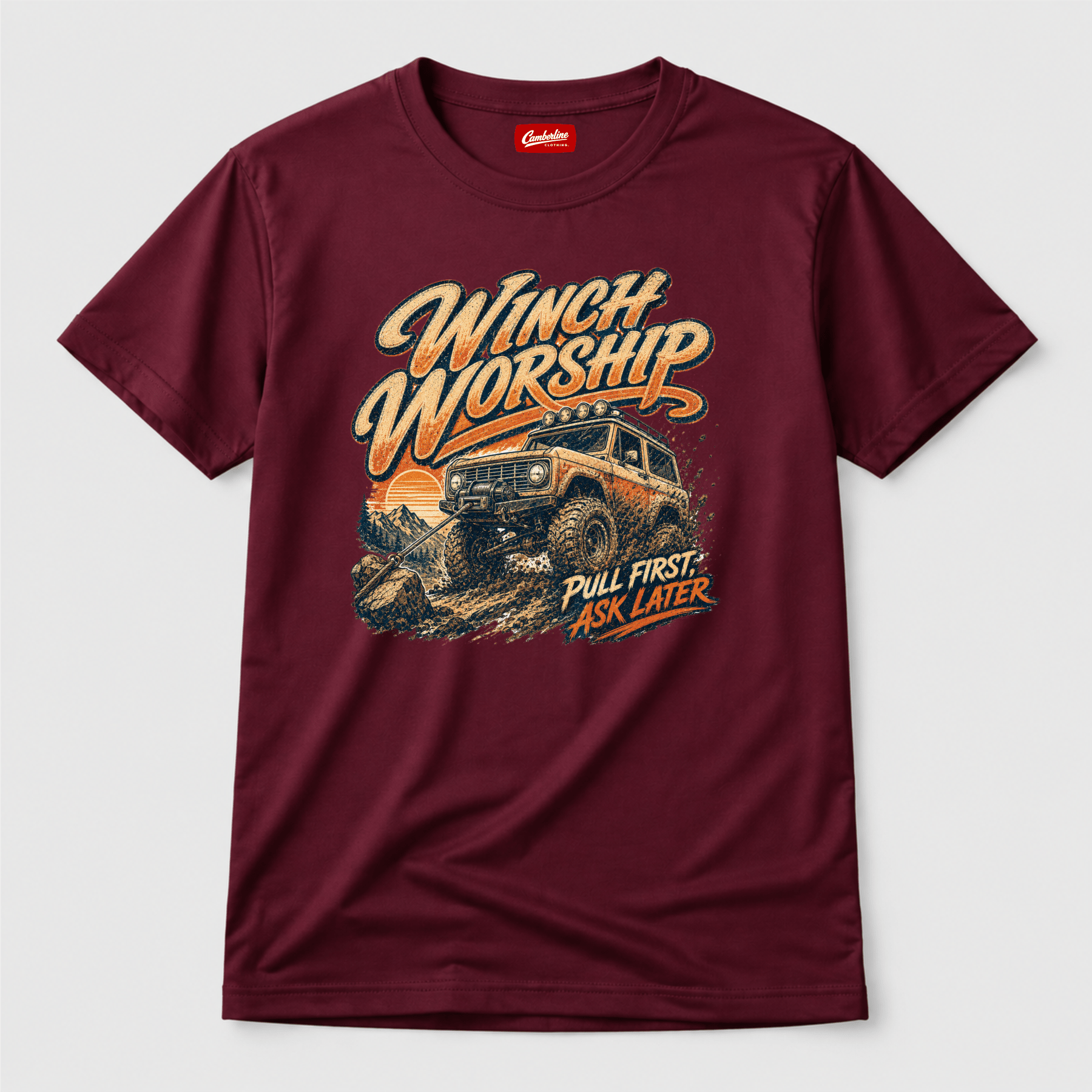 Camberline Cars Winch Worship Off Road 4x4 T-Shirt in Maroon showing front graphic