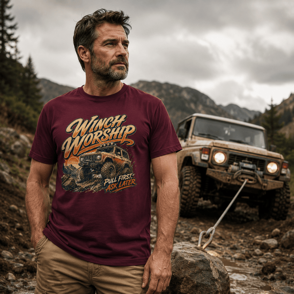 Model wearing Camberline Cars Winch Worship Off Road 4x4 T-Shirt in Maroon, styled for car and 4x4 culture