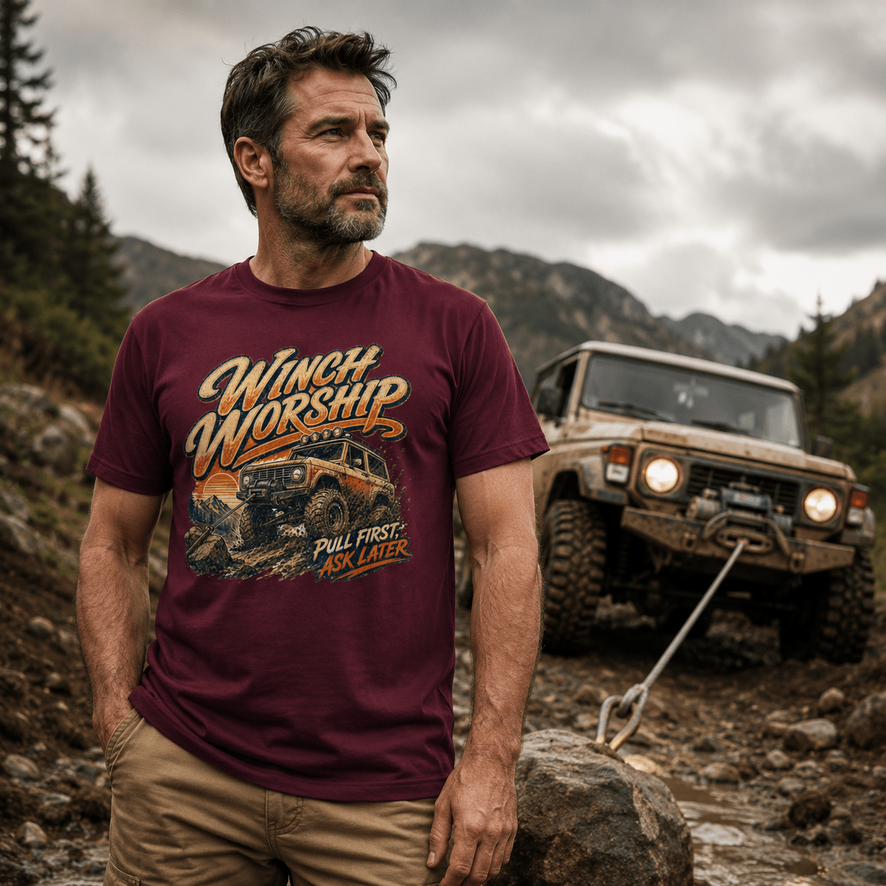 Model wearing Camberline Cars Winch Worship Off Road 4x4 T-Shirt in Maroon, styled for car and 4x4 culture